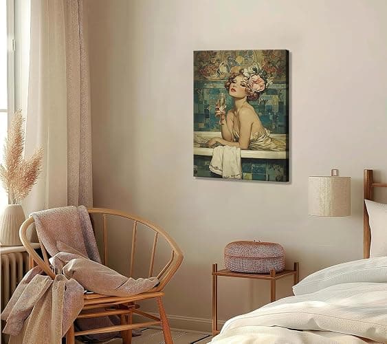 Vintage Bathroom Canvas Wall Art Woman With Champagne Picture Wall Decor Coquette Bathtub Poster Print Elegant Woman in a Bathtub Painting Artwork for Toilet Bar Home Decoration 12x16in Frame thumbnail 6