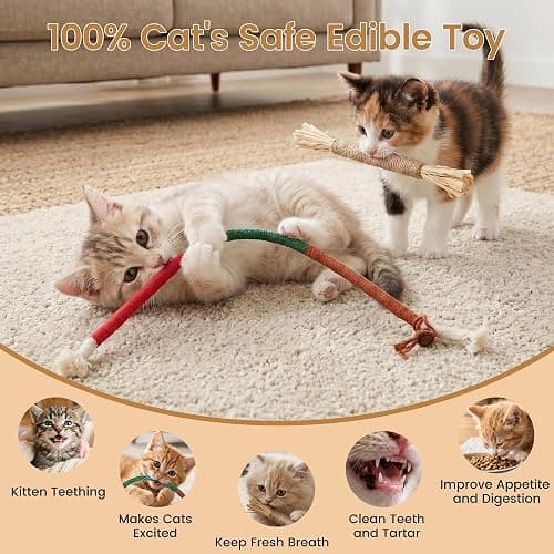 Uyubao Cat Toys, 7Pcs Cat Chew Ropes & Silvervine Sticks for Cats with Natural Catnip & Silvervine, Safe Teeth Cleaning Catnip Toys for Indoor Kittens, Interactive Chew Toys for Indoor Cats thumbnail 5
