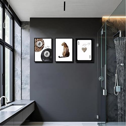 Framed Trendy Leopard Wall Art Set of 3, Funky Preppy Cheetah Wall Decor Paintings, Fashion Lucky 8 Posters Prints Pictures for Living Room Bedroom Dorm 12x16 Inch Black Wood Frame thumbnail 7