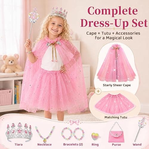 Meland Princess Dress Up Toy for Girls 3-8, Cape & Tutu Set for Girls Gift | Versatile soft cape pairs with skirt or everyday outfits for creative styling, Christmas Birthday gift & Halloween costume thumbnail 2