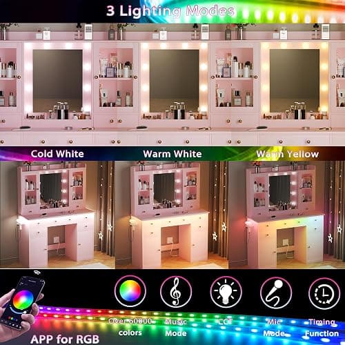 HUANLEGO Vanity Desk with Mirror and Lights, Pink Vanity Mirror with Lights Desk and Chair &7 Drawers, Cabinets Makeup Vanity Table with with Stool for Bedroom 3 Lights Mode and Brightness Adjusted - Pink - 43.7x15.6x57.3 in thumbnail 5