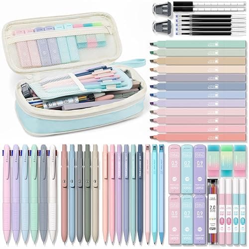Four Candies 56 PCS Aesthetic School Supplies with Cute Pencil Case, 6 Multicolor Pen, 12 Pastel Highlighters, 5 Gel Pens Black Ink, 9 Mechanical Pencils for Student Stationary Set Preppy Stuff (Blue) - Image 1