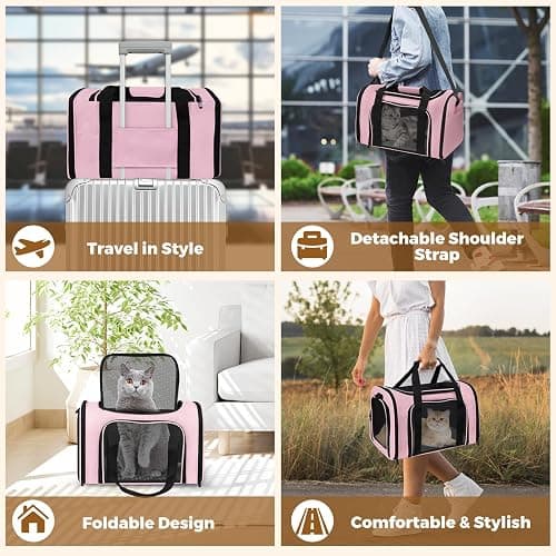 FOORLON Soft Sided Pet Carrier - TSA Approved Collapsible Waterproof Travel Carrier for Small/Medium Cats Dogs Puppies (Up to 15lbs) - Pink thumbnail 5