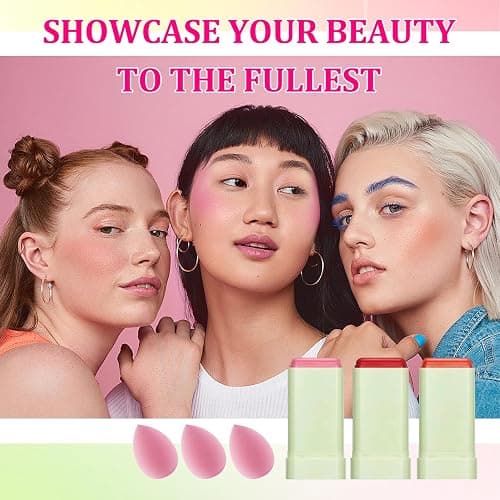 3PCS Blush Stick for Cheeks,Multi-use Solid Matte Makeup Stick Blush Cream for Cheek Eyes and Lips Tint,Moisturizing Tinted Cream Blush,Natural Blendable Cheek Blusher with 3 Makeup Sponges thumbnail 6