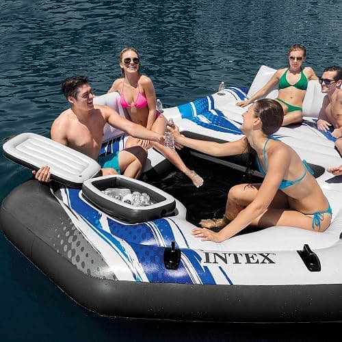 Intex Blue Tropic Inflatable 5 Person Raft or Swimming Pool Island Water Floating Lounger Raft with Backrests, Built in Cooler, and 4 Cupholders thumbnail 7