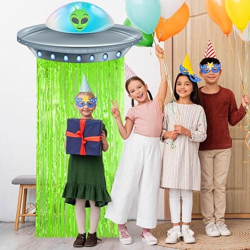 Simgoing Alien Birthday Party Door Curtain Decorations, Fluorescent Green | Foil Tinsel Flying Saucer Spaceship Hanging Banner for Alien Halloween Party Supplies, Fun Garland Decorations thumbnail 6