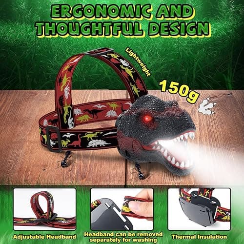 Nitigo Dinosaur Headlamp for Kids Flashlight Rechargeable Led Headlights Roar & Silent Mode, T-Rex Dinosaur Toys for Kids 3-5 4-6 5-7 6-8, Camping Gear, Easter Gifts for Boys Girls Adults thumbnail 8