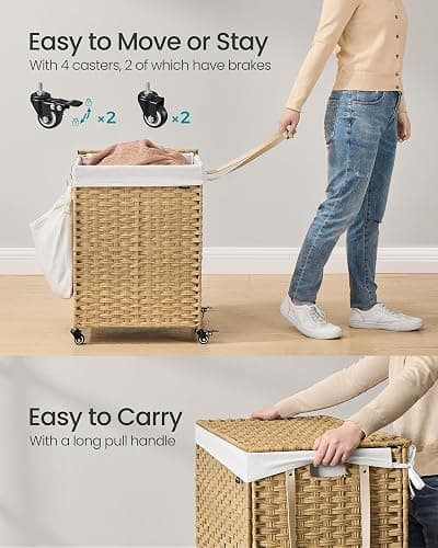 SONGMICS Laundry Hamper with Lid, 31.7 Gallons (120 L), Rolling Laundry Basket with Wheels, Synthetic Rattan, Removable Liner, Bedroom, 18.1 x 15.7 x 26 Inches, Natural Color ULCB161Y01 thumbnail 6