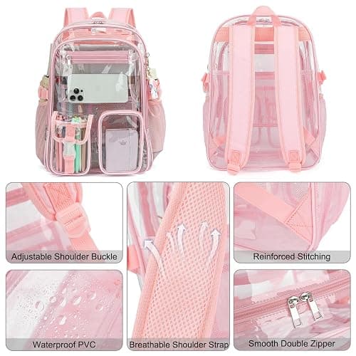 Kouxunt Clear Backpack Heavy Duty Transparent Backpacks Stadium Approved for School Work Sport Travel (Light Pink) thumbnail 4