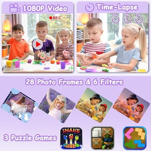 Kids Waterproof Camera, Christmas Birthday Gifts for Boys Girls Age 3-9, Children HD Digital Video Cameras, Portable Toy Child Underwater Camera 2 Inch Screen with 32GB Card (Purple) thumbnail 3