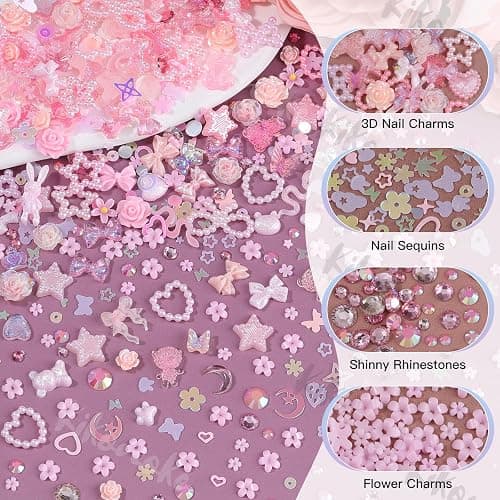 400Pcs Pink Nail Charms Kit, 3D Nail Gems and Rhinestones Flatback Pearls Mixed Shape Set, Heart Rabbit Butterfly Flower Bow Acrylic Resin Nail Art Decorations DIY Craft (Pink) thumbnail 3