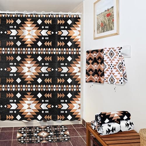 FuWeave 8 Pcs Western Aztec Shower Curtain Set Geometric Vintage Bathroom Decor Boho Abstract Pattern Waterproof Shower Curtain Aztec Towels Non Slip Rug Toilet Lid Cover Bath Mat with 12 Hooks thumbnail 5