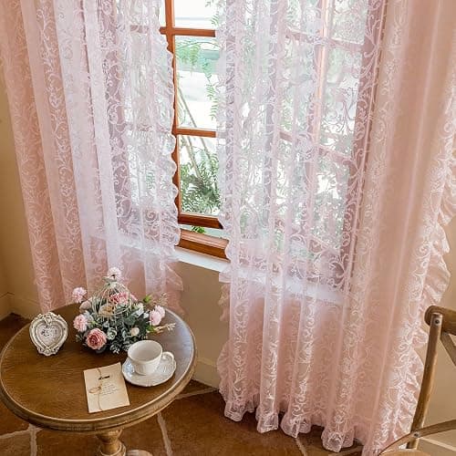 TUDECO Pink Lace Curtains 84 Inch Long, Romantic Ruffle Edges, 2 Panels | Light Pink, Coquette Princesscore Look, Vintage Floral, Bedroom Living Room Decor, Soft Light Filtering, Semi-Privacy thumbnail 4
