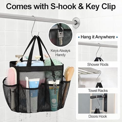 F-color Mesh Shower Caddy Portable, Upgrade Deeper 7 Pockets Shower Bag Basket Tote for College Dorm Room Toiletry Bathroom Essentials Gym Camp Quick Dry 2 handles with S Hook, Black thumbnail 7