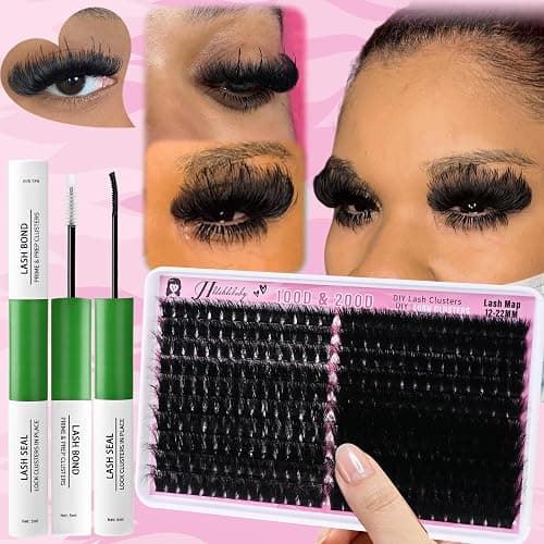 Lash Clusters Kit 100D+200D Mega Lashes Clusters 12-22mm Wispy Individual Thick Volume Eyelash Extensions 280Pcs with Bond and Seal Waterproof DIY Lash Extension at Home, by Hushlibaby(Plant Fiber) thumbnail 6