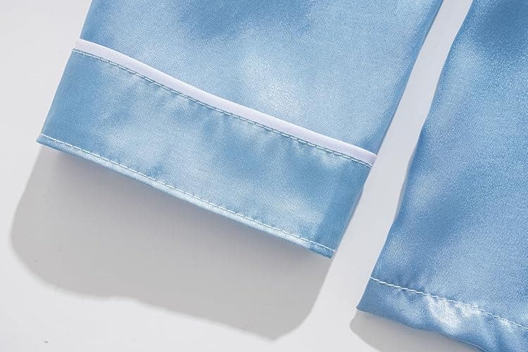 Vopmocld Big Kids Unisex Pjs Set Girls Boys Silk Pajama Sets Satin Clasic Sleepwear Long Sleeve 2 Pieces Button Down Nighty - 14 - Sky Blue thumbnail 4