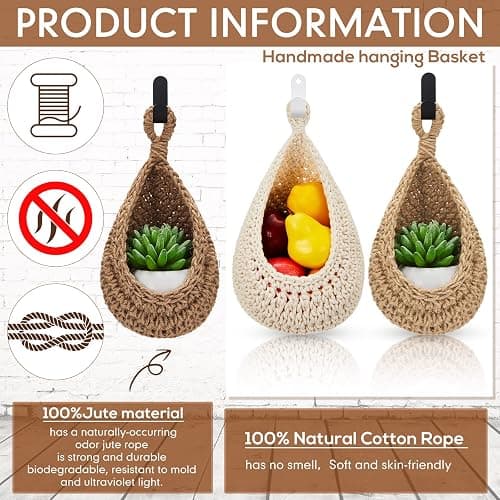 Honeydak Boho Decor Hanging Wall Baskets for Kitchen 3 Pack Teardrop Baskets with Hooks Storage Fruit Onion Vegetable Potato for Home 3 Sizes(Light Linen,Cotton Rope) thumbnail 5