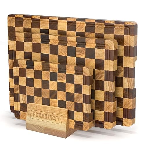 Checkered Cutting Boards for Kitchen, Wood Cutting Board Sets, Walnut Rubber & Wooden Chopping Boards with Anti-Slip Base and Guide Groove, Chessboard Carving Used for Cutting Vegetables Fruits & Meat - Image 1