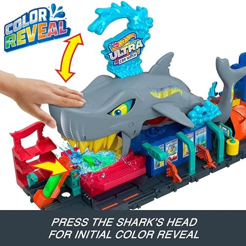 Hot Wheels City Track Set, Ultra Shark Car Wash with 1:64 Scale Color Reveal Toy Vehicle, Repeat Color-Change Feature, Storage thumbnail 3