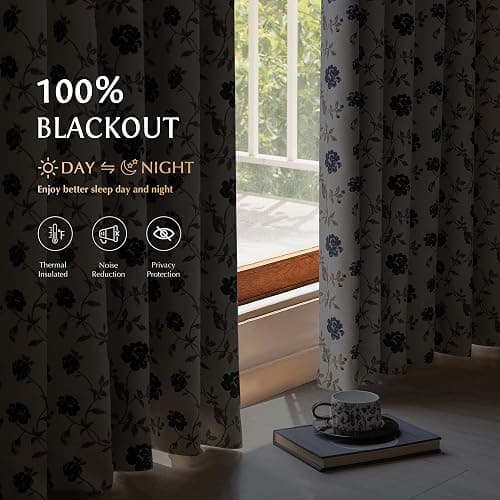 Beauoop Floral 100% Blackout Curtains 84 Inches Long 2 Panels for Bedroom Living Room Blue Brown on Beige Vintage Rose Flower Patterned Room Darkening Thermal Soundproof Grommet Window Drapes, 52X84 thumbnail 2