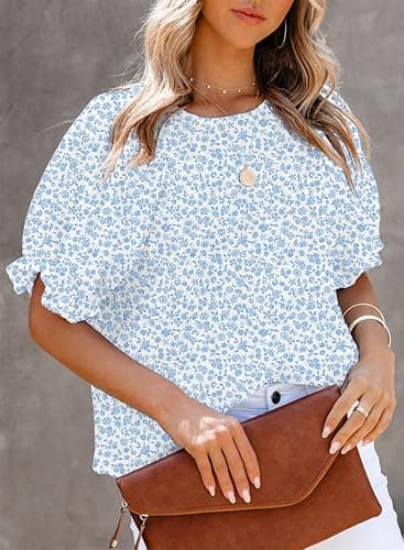 Dokotoo Floral Print Blouses for Women Crewneck Smocked Puff Sleeve Shirts Casual Babydoll Tops thumbnail 3