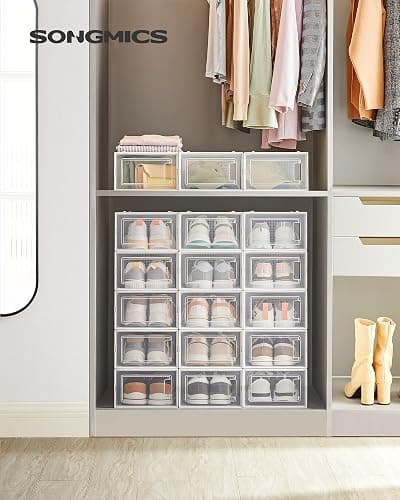 SONGMICS Boîtes à Chaussures, Lot de 18, Rangement Chaussures, Pliable, pour Pointure Jusqu’à 44, Transparent et Blanc LSP18SWT thumbnail 2