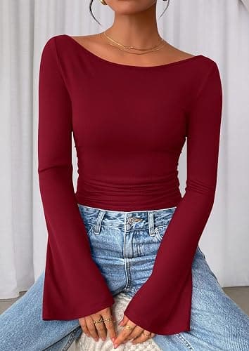 PRETTYGARDEN Womens Bell Long Sleeve Ribbed Knit Tops | Trendy Boat Neck Y2K Cropped Going Out Tops, Ruched Slim Fit Cute Garment Friendly Shirts, Fall Outfits, Fashion Clothing thumbnail 6