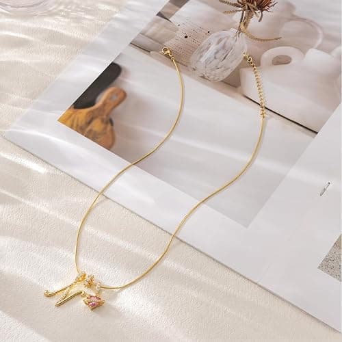 Robaice 14K Gold Plated Initial Necklace for Women, Pink Planet Heart Letter Pendant with Round Herringbone Chain, Non-Tarnish Jewelry Gifts thumbnail 4