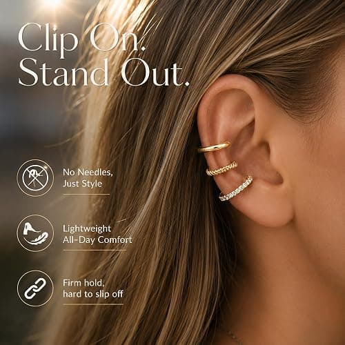 D.Bella Ear Cuff Earrings for Women 14K Gold Plated Dainty Non Pierced Clip On Earring for Cartilage Fake Ear Jewelry Lightweight thumbnail 3