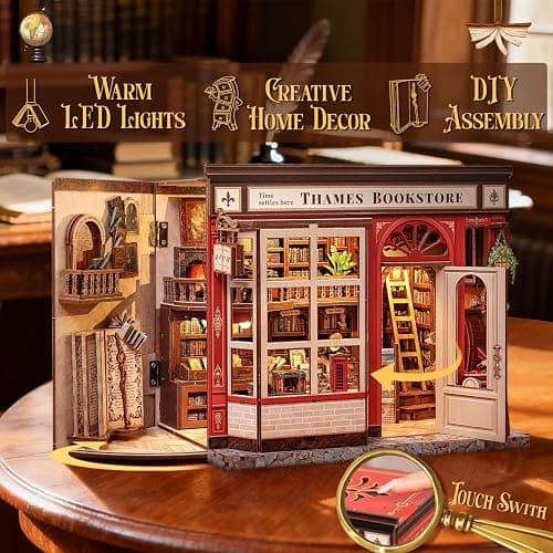 CUTEBEE Book Nook Kit - British Bookstore Magic DIY Miniature House Dollhouse Kit for Adults, Library Booknook Bookshelf Decor 3D Wooden Puzzle, Gifts for Family, Friends(Thames Bookstore) thumbnail 4