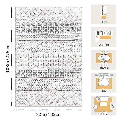 6x9 Machine Washable Area Rug for Living Room, Grey White Vintage Moroccan Rug Large Non-Slip Low Pile Soft Faux Wool Carpet, Kids and Pets Friendly for Bedroom Dining Room Farmhouse Home Decor Rug thumbnail 2