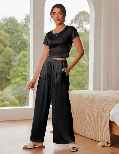Ekouaer Women's 2 Piece Lounge Sets Short Sleeve Pajama Set Ribbed Knit Crop Top Wide Leg Pants Loungewear S-XXL thumbnail 2