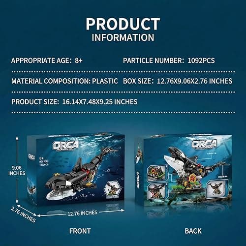 hhohio Mechanical Killer Whale Building Set, 1092 PCS Movable Ocean Animal Building Toys with Display Stand, Home Decor Gift for Adults Teens Kids Boys Ages 6+ thumbnail 6