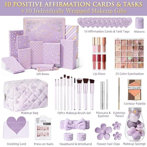 Teen Girl Gifts Trendy Stuff, 10 Positive Affirmation Cards & Empowering Challenges to Unlock 10 Wrapped Makeup Gift Set Motivational Birthday Valentines Day Gift Basket for Tween & Teenage Girls thumbnail 2