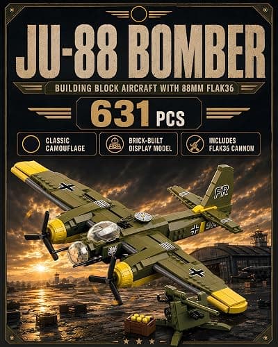 WW2 Military Plane Building Set Compatible with Lego Airplane JU-88 Bomber | WW II Army Aircraft Toys Germany Junker88 Fighter Jet and Flak 36 Building Block Sets History Enthusiasts Collectibles/Gift thumbnail 2