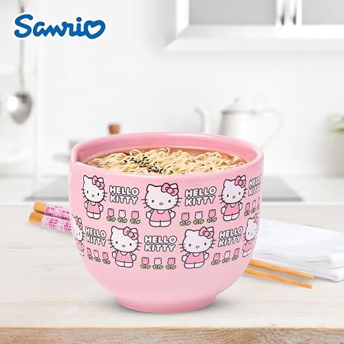 Silver Buffalo Sanrio Hello Kitty Flowers Pattern Ceramic Ramen Noodle Rice Bowl with Chopsticks, Microwave Safe, 20 Ounces thumbnail 2