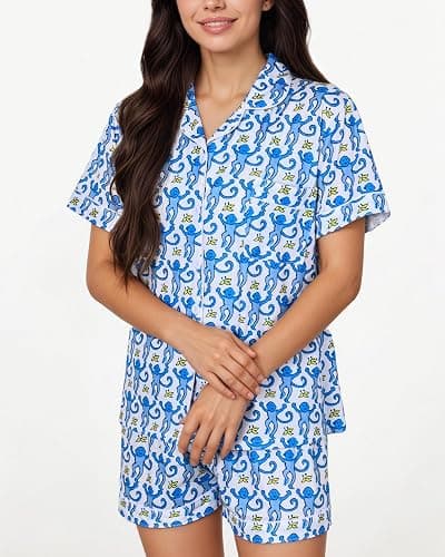 Zuafy Women's Pajamas Set Button Down Ladies Summer Pajamas Monkey Printed Sleepwear Short Sleeve 2 Pc Pjs for Birthday Gift thumbnail 5