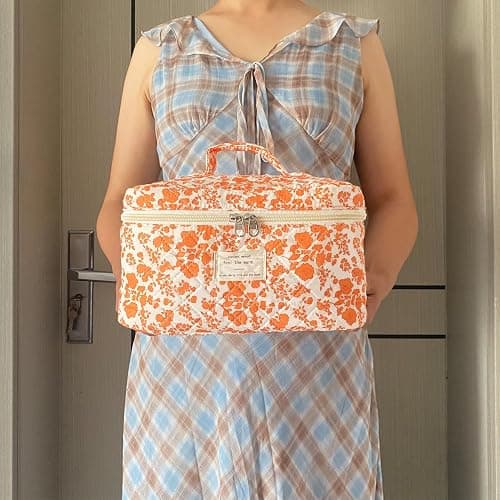 WYJ Orange Large Quilted Floral Makeup Bag Cute Soft Coquette Aesthetic Cosmetic Bag Cotton Travel Toiletry Bag for Women thumbnail 5