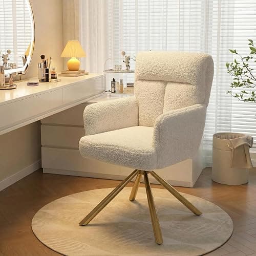 Kiztir Vanity Chair No Wheels Upholstered Teddy Vanity Chair with Back Gold Metal Criss Cross Home Office Desk Chair Boucle Accent Chair Modern Reading Chair Armchair for Living Room, Bedroom (Beige) - Image 1