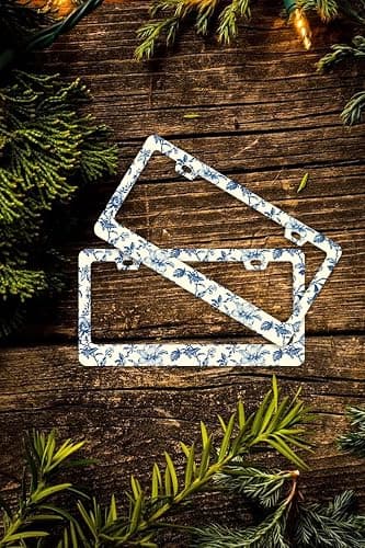 Blue Floral Flowers License Plate Frames - 2 Pcs Set 2 Holes Stainless Steel Metal Auto Car Accessories Decoration License Plate Frame Cover Size 6.3" x 12.2" Fit US Vehicles for Women Men Gift thumbnail 7