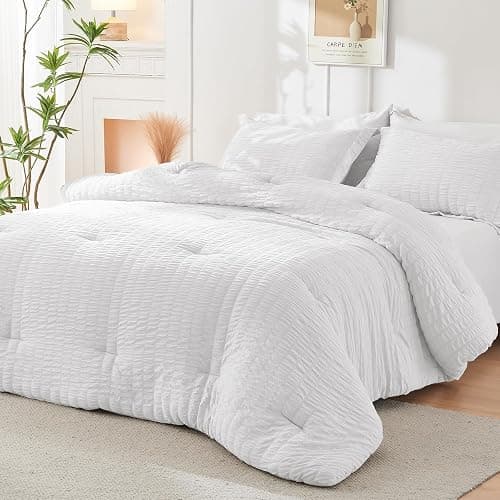 HYMOKEGE White Queen Comforter Set Seersucker 7 Pieces, All Season Luxury Bed in a Bag for Bedroom, Bedding Set with Comforters, Sheets, Pillowcases & Shams thumbnail 8