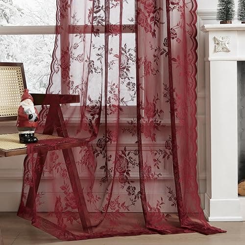Burgundy Lace Curtains 84 Inches Long Vintage Floral Curtains 2 Panels for Bedroom Living Room Rod Pocket Light Filtering Maroon French Romantic Window Curtains Modern Wine Decor Neutral, 52x84 - 52"W x 84"L (Pack of 2) - Burgundy thumbnail 5