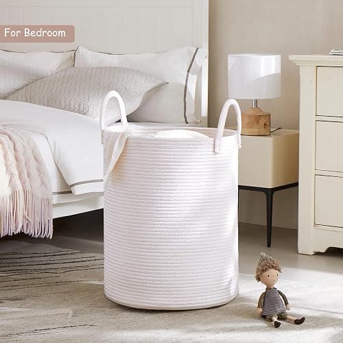 MOJOSCEND 60L Pure White Woven Hamper Laundry Basket Cotton Rope Blanket Basket for Living Room 20 inches Tall Clothes Hamper for Baby Nursery Kids in Bedroom thumbnail 3