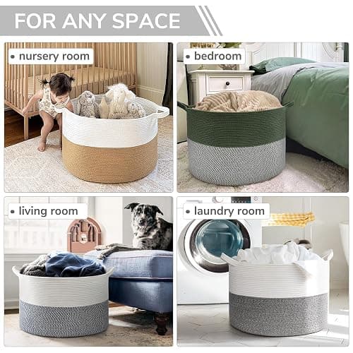 INDRESSME Large Storage Basket, 21.7'' x 13.8'' Cotton Rope Blanket Basket Living Room, Toy Organizers and Storage with Handles for Kids, Laundry Baskets for Clothes, Towel, 90L Grey thumbnail 5