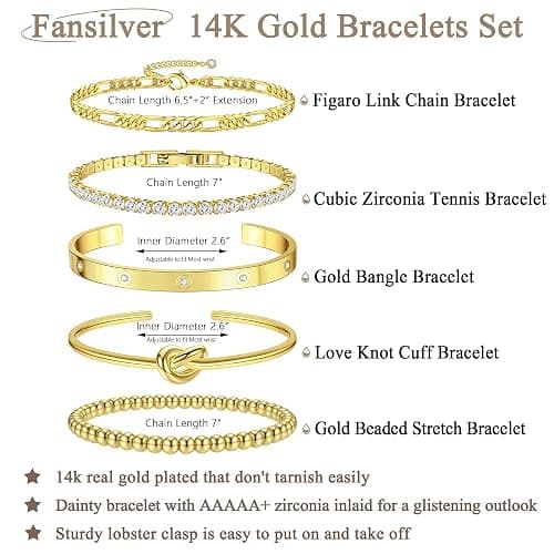 LOLIAS 5 Stück Armband Damen Gold 14 Karat Echtgold Armkette Manschetten Armband Hypoallergen Goldperlen CZ Tennis Armband Kette Stapelarmbänder Schmuck Gold Für Damen thumbnail 5
