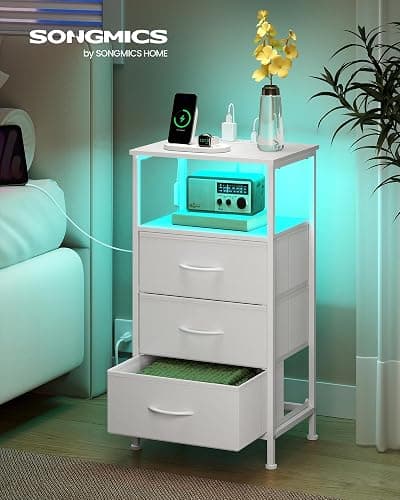 SONGMICS BELLAH Collection - Nightstand with Charging Station and App-Controlled Adjustable LED Lights, Bed Side Table, 3 Drawers and 1 Open Shelf, Modern, Cloud White and Snow White ULGS303WH01S thumbnail 3