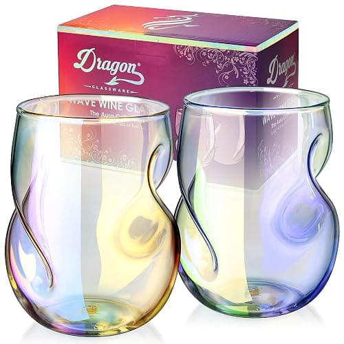 Dragon Glassware Stemless Wine Glasses - 16 oz Stemless Wine Glass Set with Finger Indentations - Set of 2 Iridescent Glassware - Aerates Naturally - Image 1