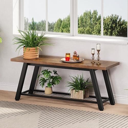 Oastreeful Storage Bench Industrial Rustic Wooden and Metal Entryway Shoe Boots Storage Rack Long Bench Seat for Hallway Bedroom Retro Brown Farmhouse Style thumbnail 8