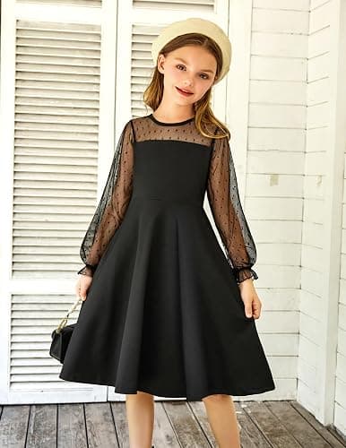 Arshiner Girl's Contrast Mesh Puff Long Sleeve High Waist A Line Short Dress with Pockets for 6-13 Years thumbnail 2