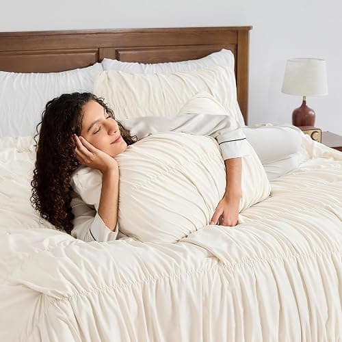 Andency Ruched Beige Full Size Comforter Sets, Shabby Chic Pleatd Bedding Sets 3 Pieces, Lightweight Soft Boho Ruffle Bed Set for Girls, Kids, Women, All Season thumbnail 5